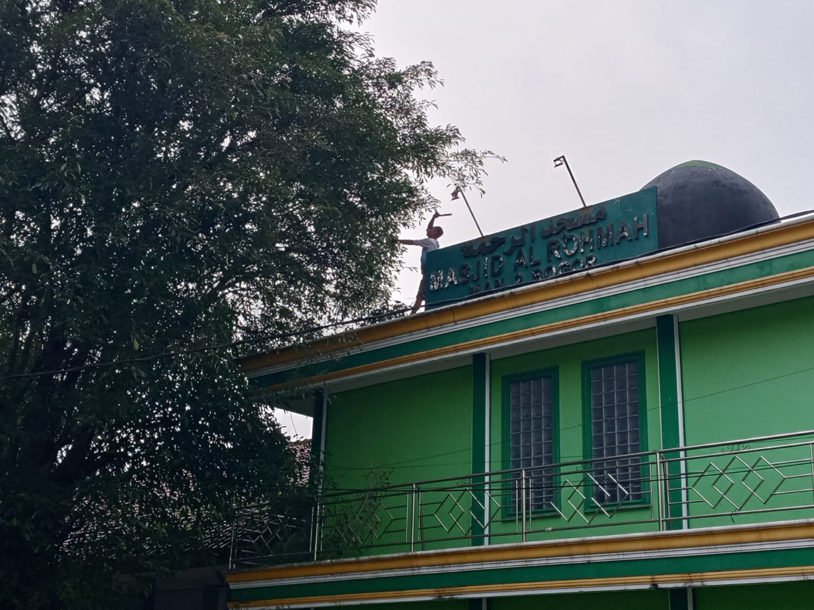 Menjaga Kenyamanan Ibadah: Petugas Kebersihan Rapikan Ranting Pohon di Atap Masjid